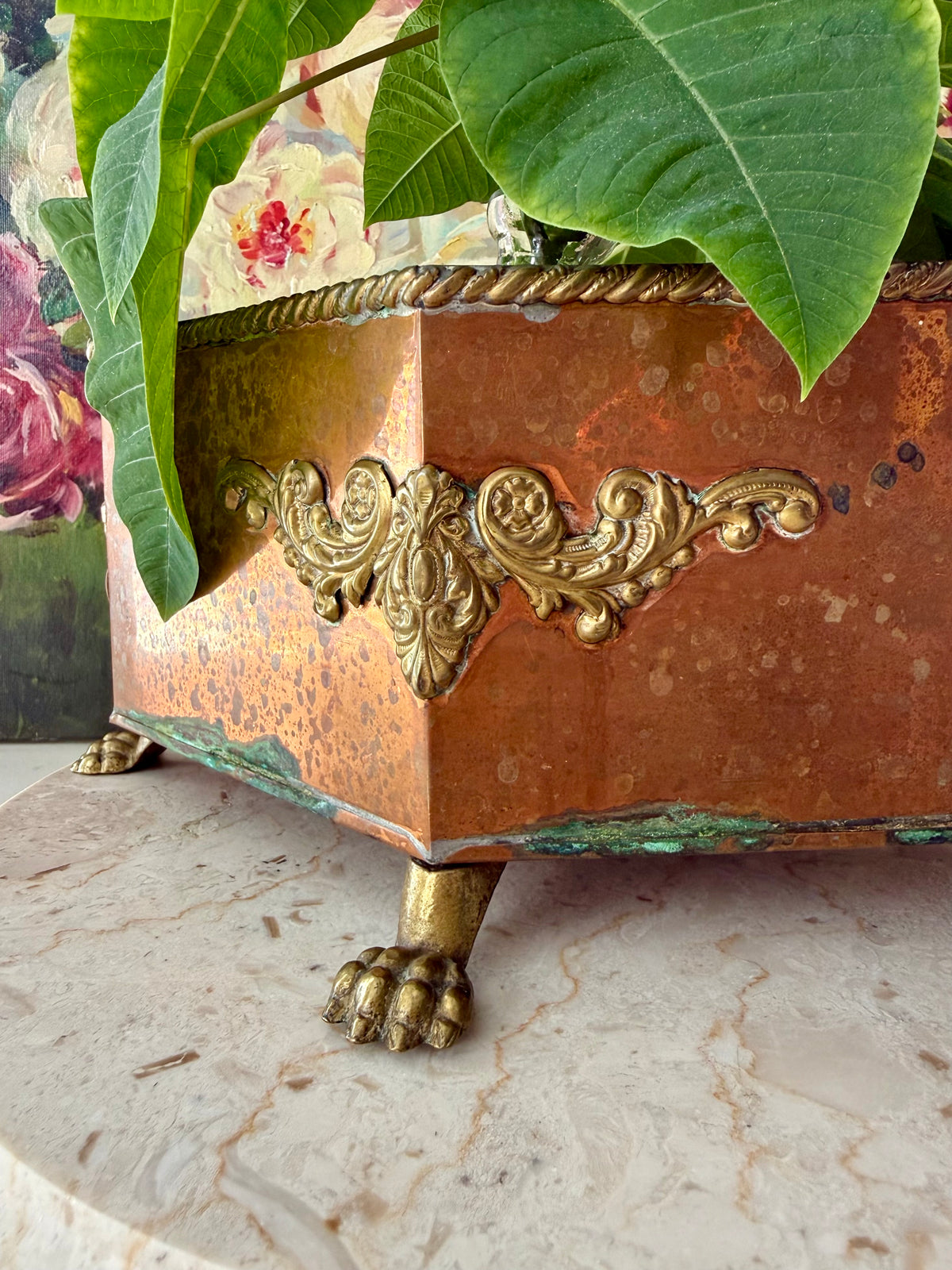 Antique Copper and Brass Planter or Jardinière, Footed Casket Box with Lion Heads and Claw Feet