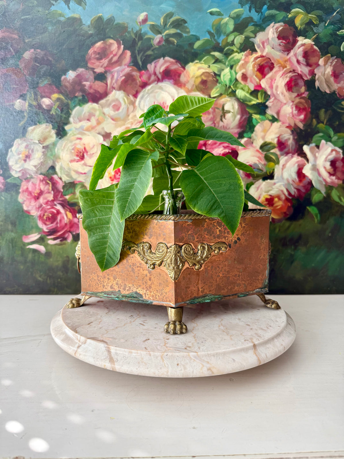 Antique Copper and Brass Planter or Jardinière, Footed Casket Box with Lion Heads and Claw Feet