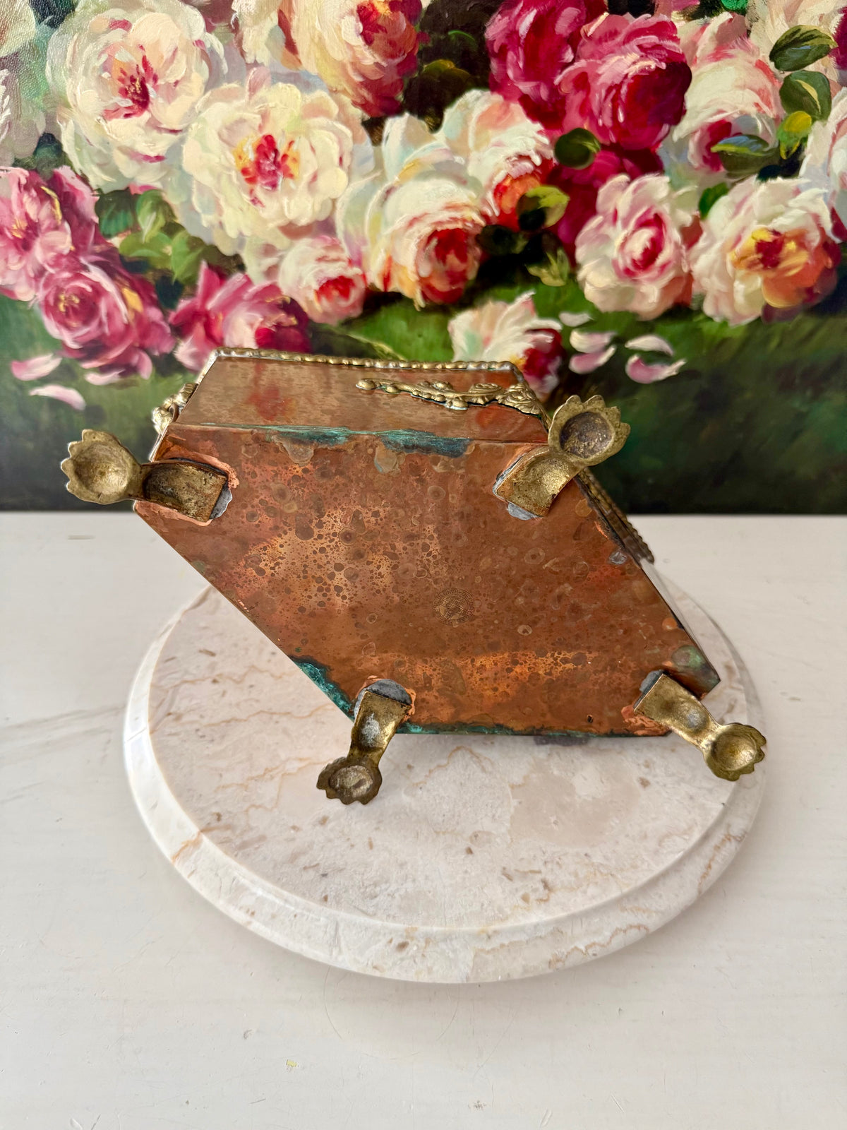 Antique Copper and Brass Planter or Jardinière, Footed Casket Box with Lion Heads and Claw Feet