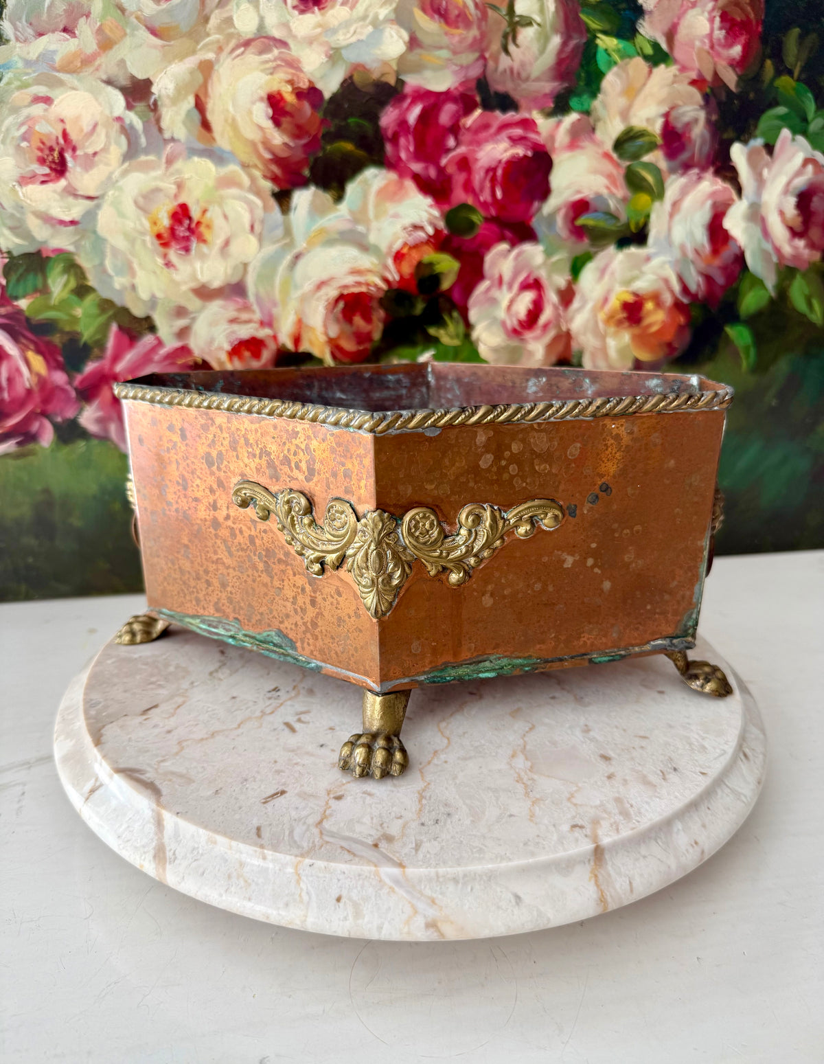 Antique Copper and Brass Planter or Jardinière, Footed Casket Box with Lion Heads and Claw Feet